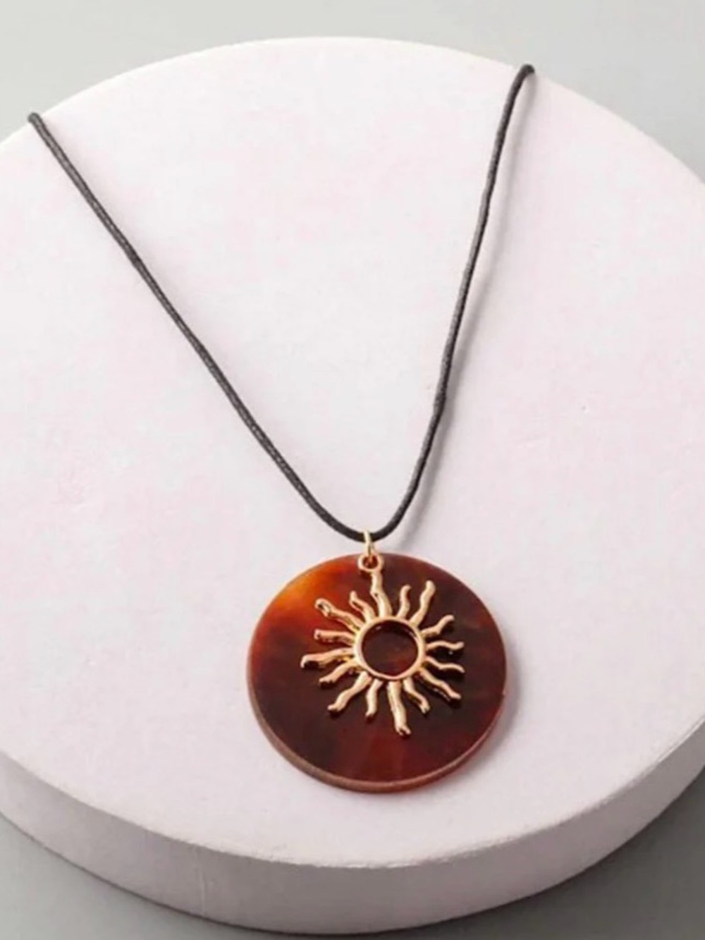 Gold Sun Pendant Brown Disc Necklace - Women Jewelry